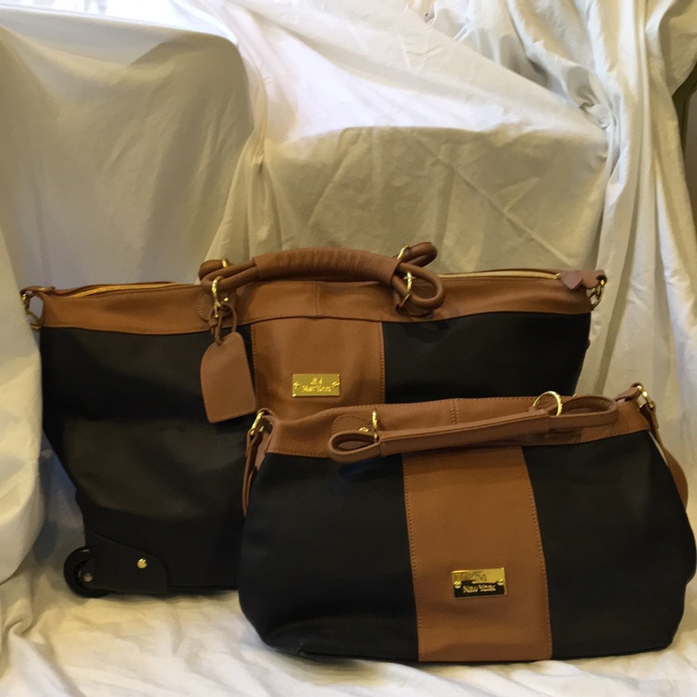 NEW JM New York black and brown leather 2 in 1 luggage set